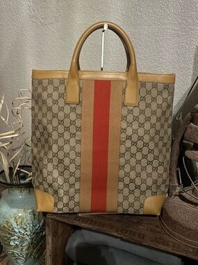 Gucci Beige GG Canvas Tote with Tan Trim and Orange-Red Center Stripe